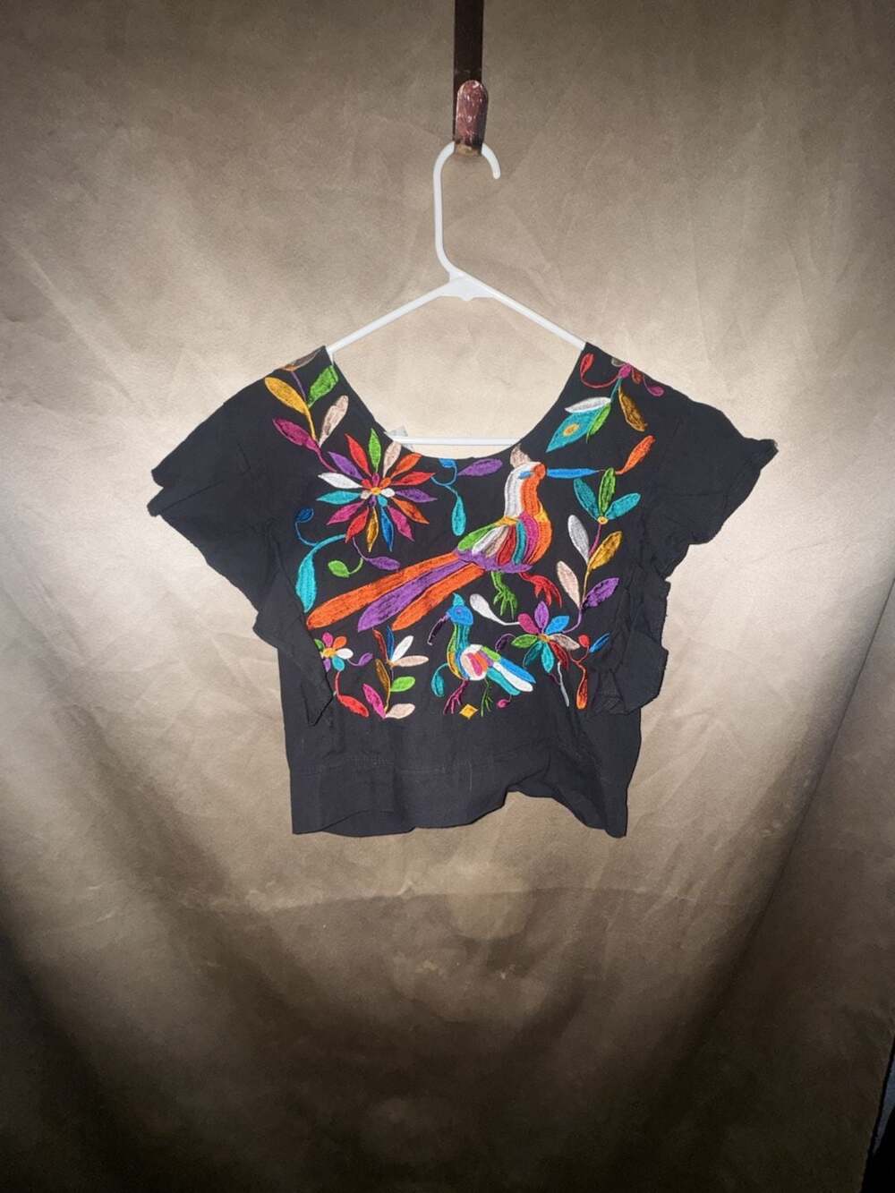 Hand-Embroidered Mexican Otomi Tie-Back Ruffle Crop Top